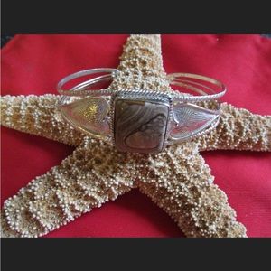 Silver Tone Agate & Hearts Cuff Bracelet Think Valentines Day